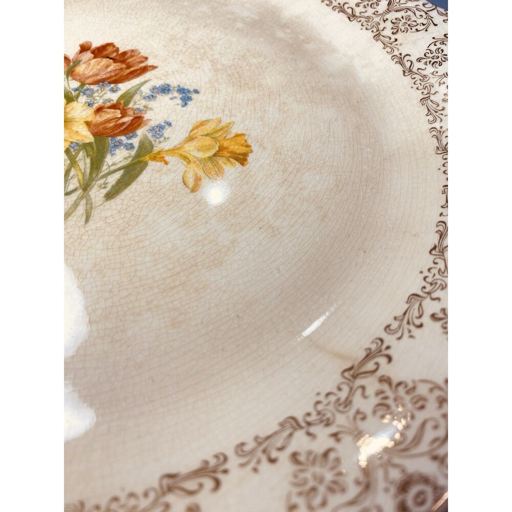 Royal Splendor Handled Serving Plate Beige Floral 22kt Gold Filigree 11.25” - Picture 3 of 12